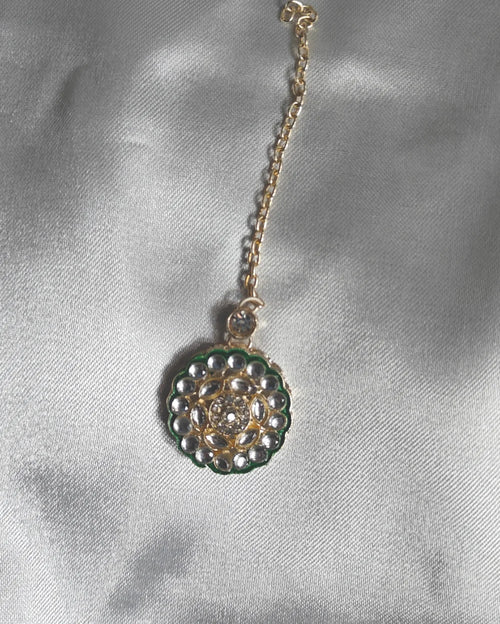 An Indian Ethnic White and Green choker Set