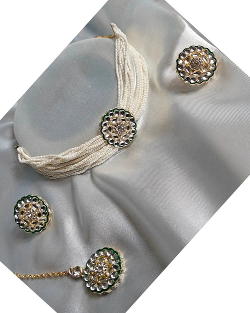 An Indian Ethnic White and Green choker Set