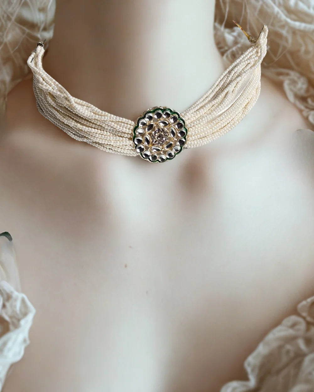 An Indian Ethnic White and Green choker Set
