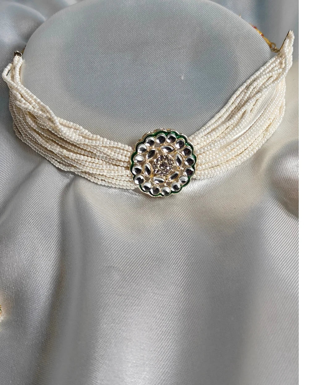 An Indian Ethnic White and Green choker Set