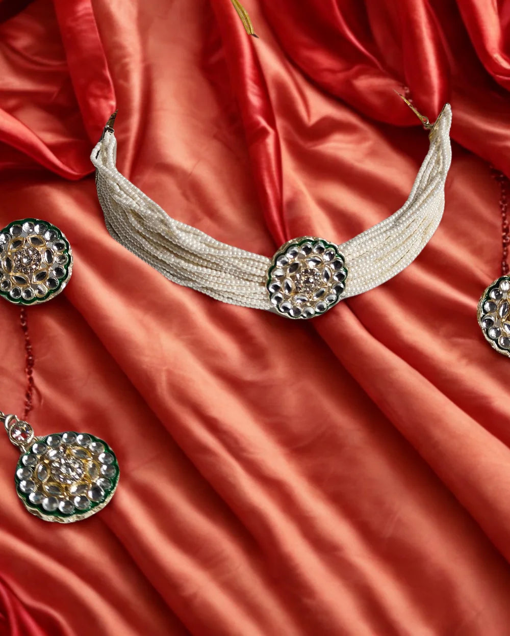 An Indian Ethnic White and Green choker Set