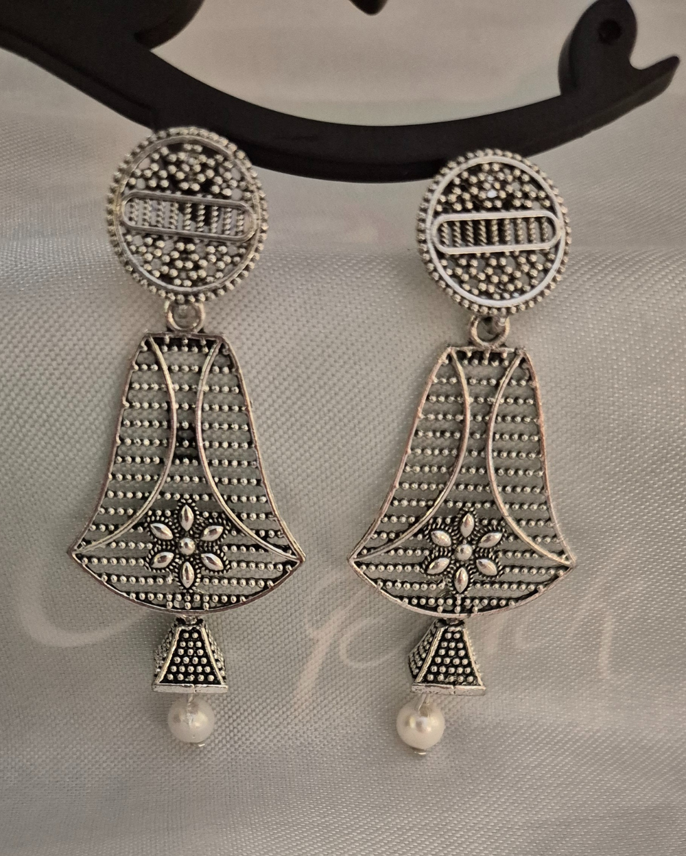 Intricate Oxidised Earrings with Pearl Beads