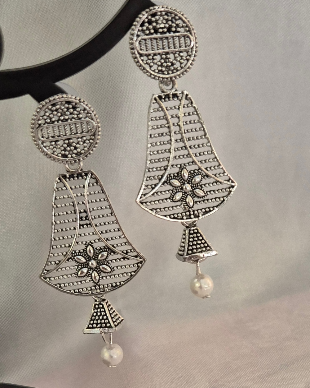 Intricate Oxidised Earrings with Pearl Beads