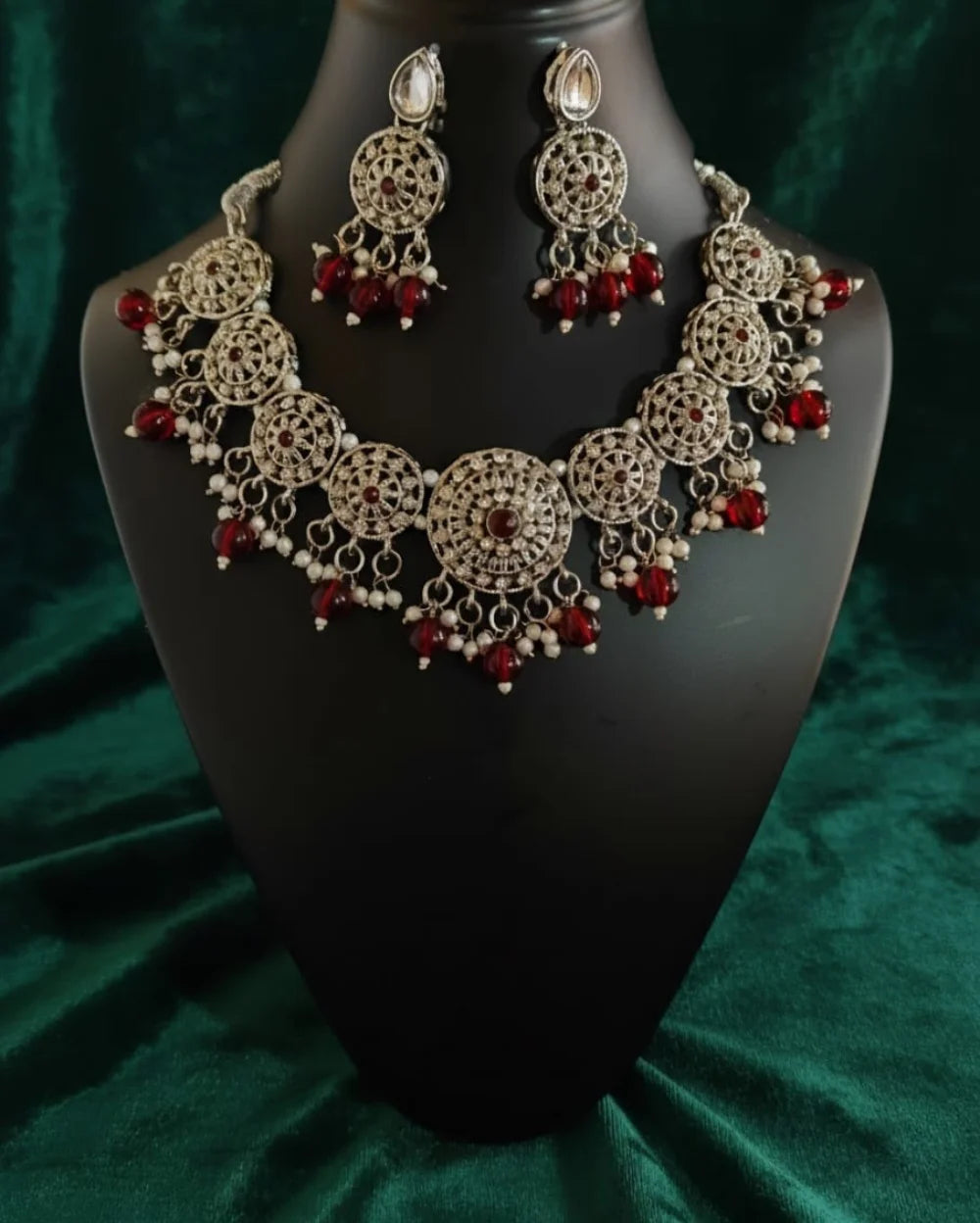 Silver n Red Necklace Set