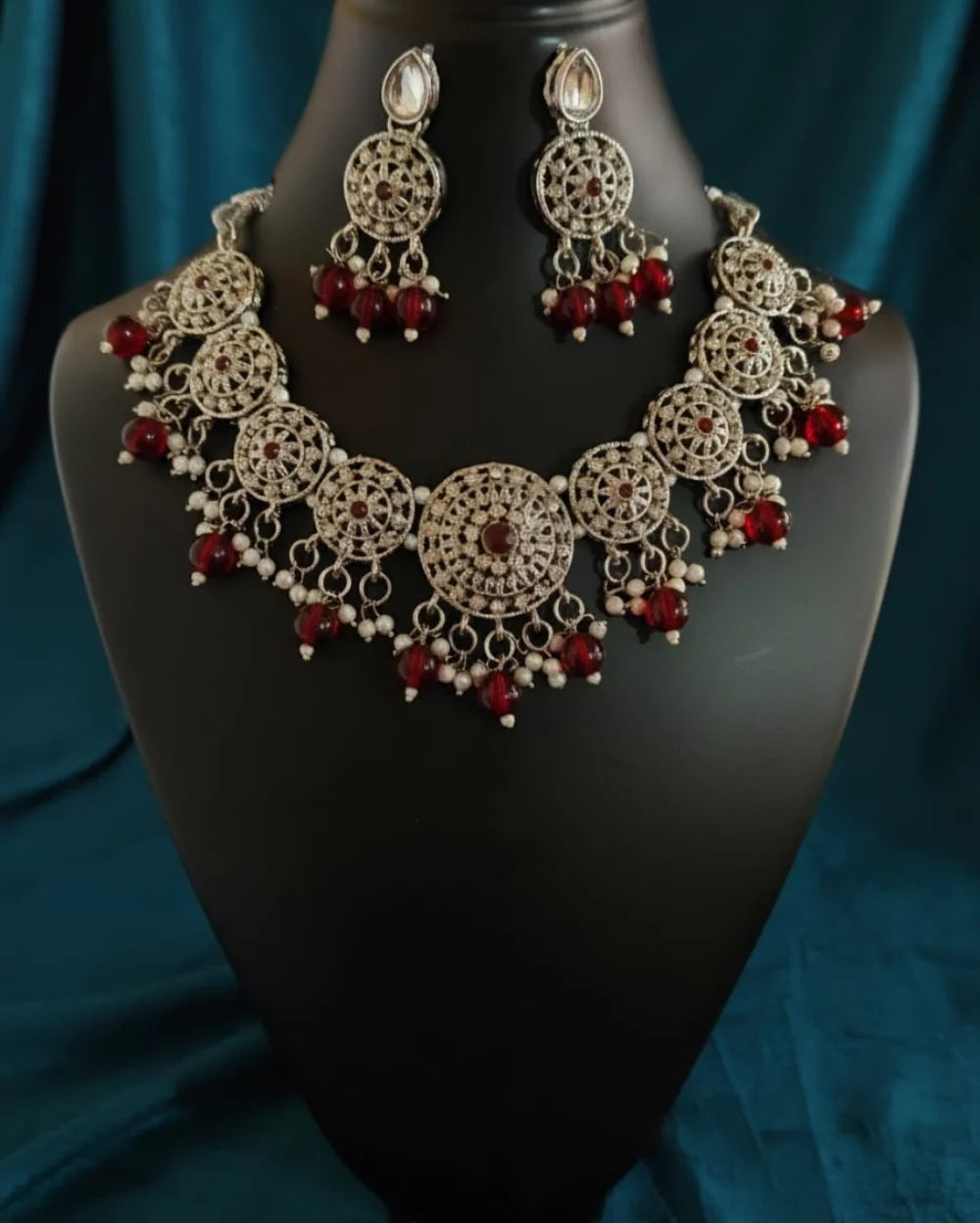 Silver n Red Necklace Set