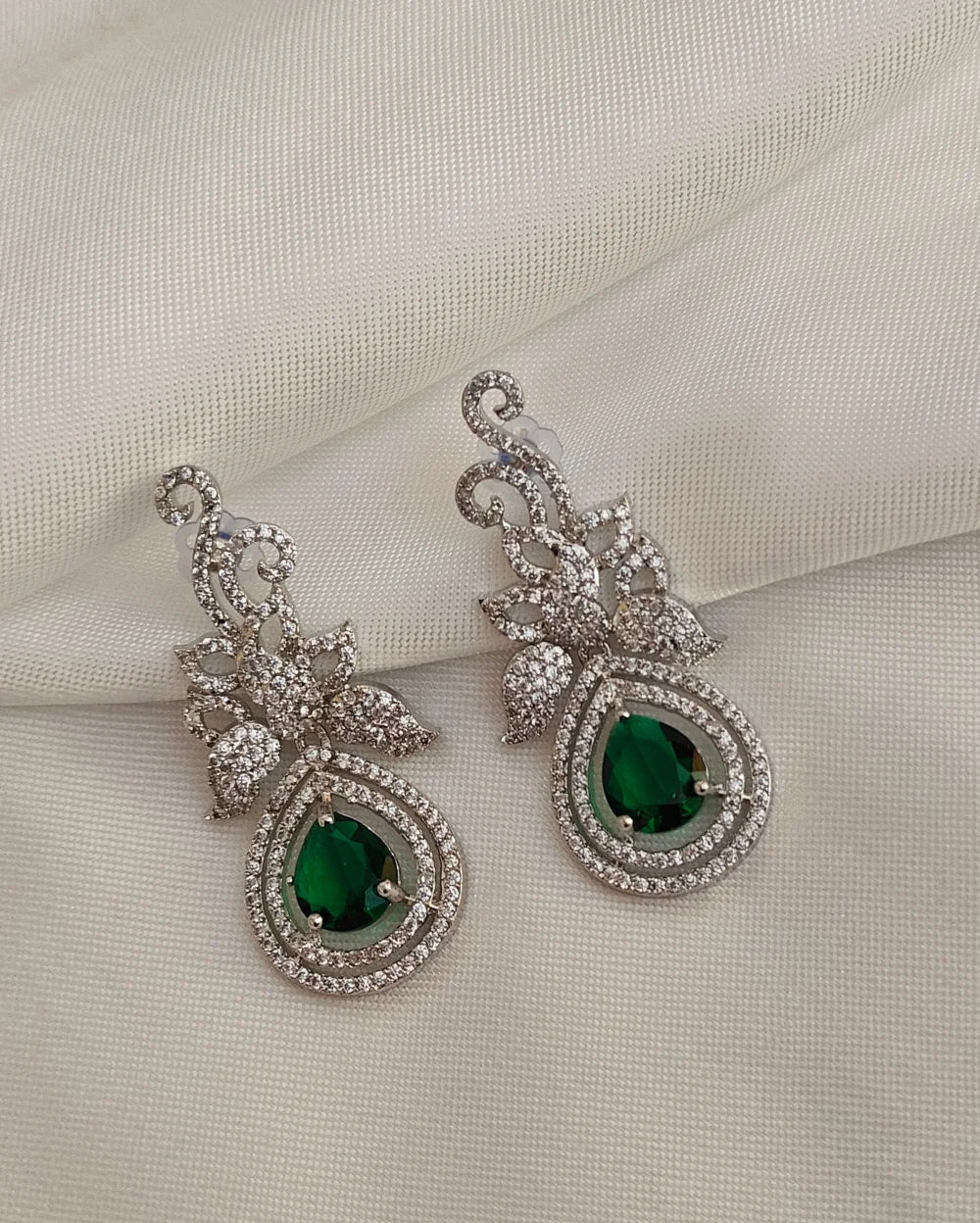 Stone Spark Silver and Green AD Earrings