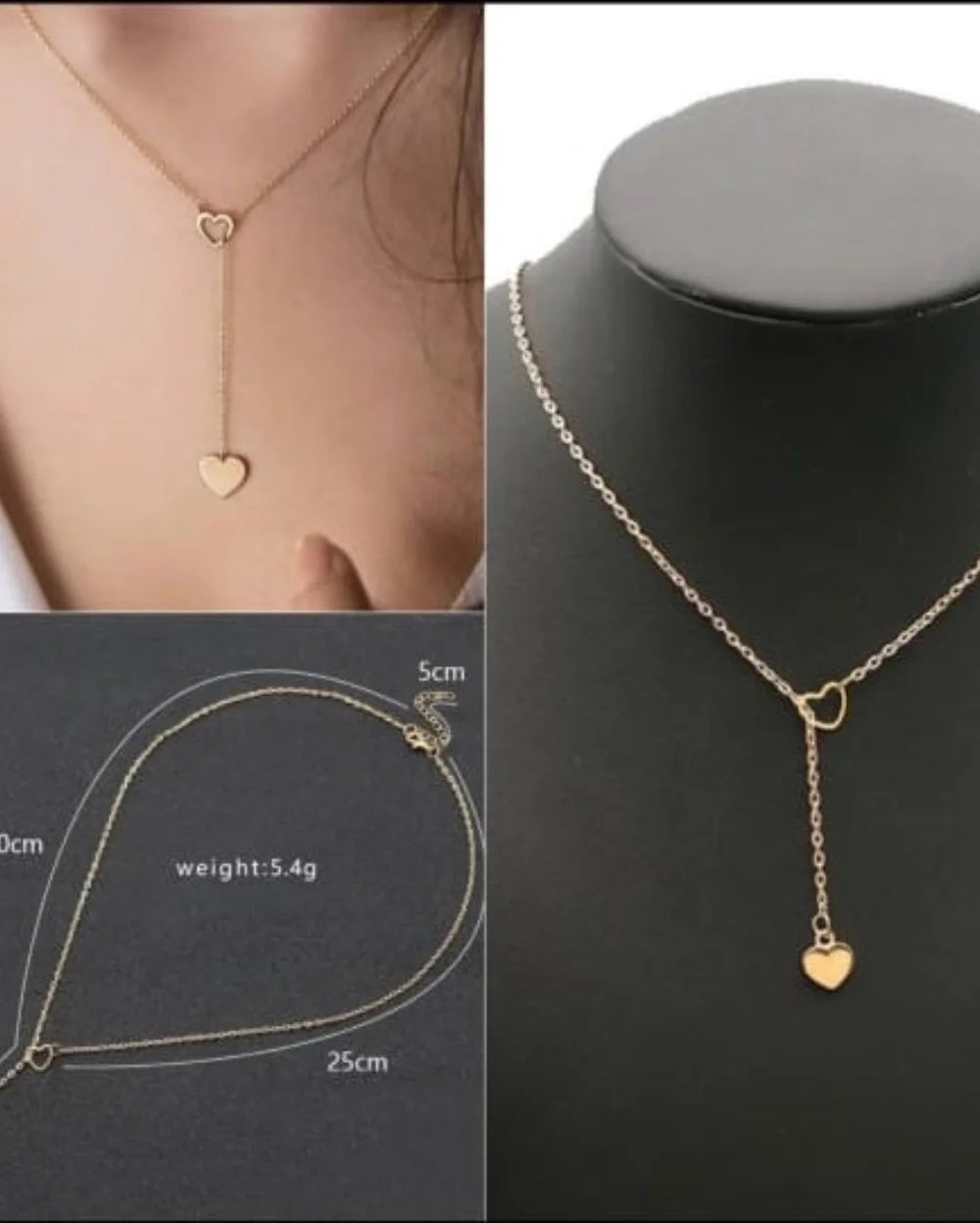 Dangling Double-heart Golden charm Necklace
