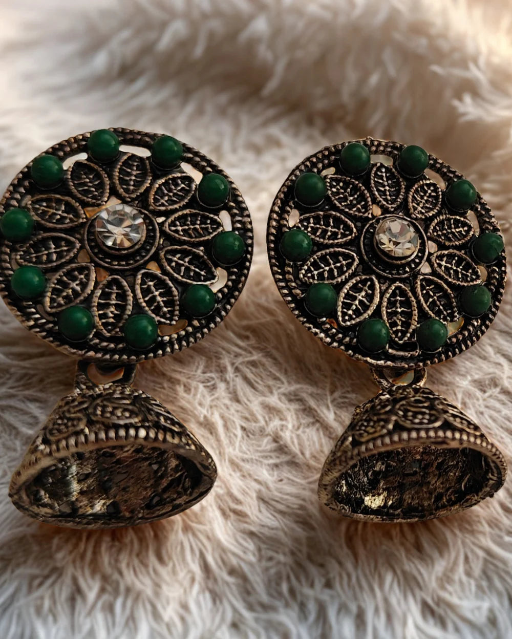 Green Beads Oxidised Earrings
